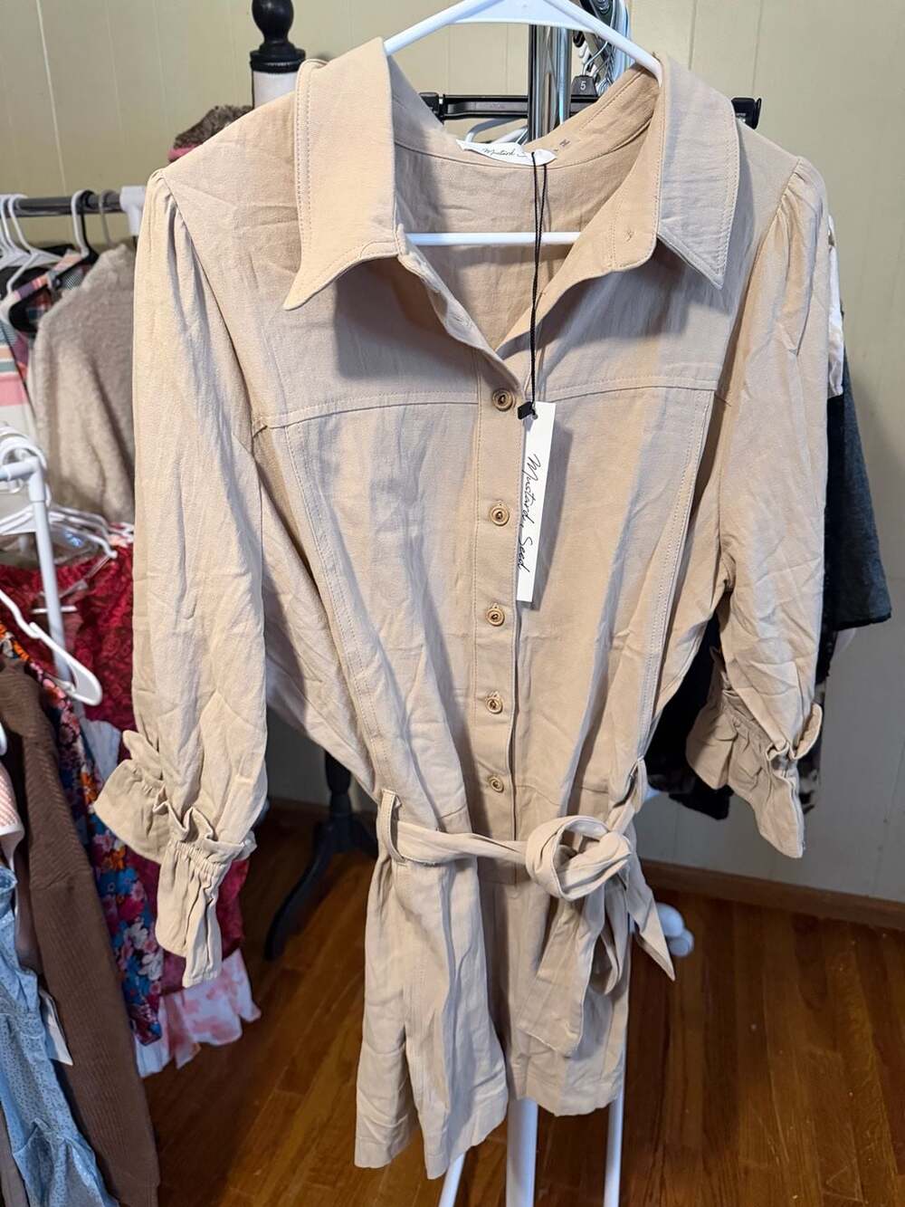 Mustard Seed Beige Button-Down Utility Shirt Dress with Belt